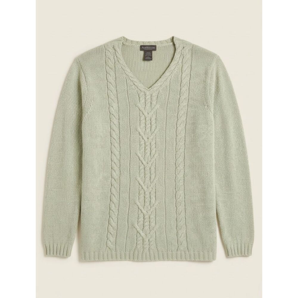 Van Heusen Womens L Sage Green Cable Knit V Neck Sweater Ramie Cotton Blend